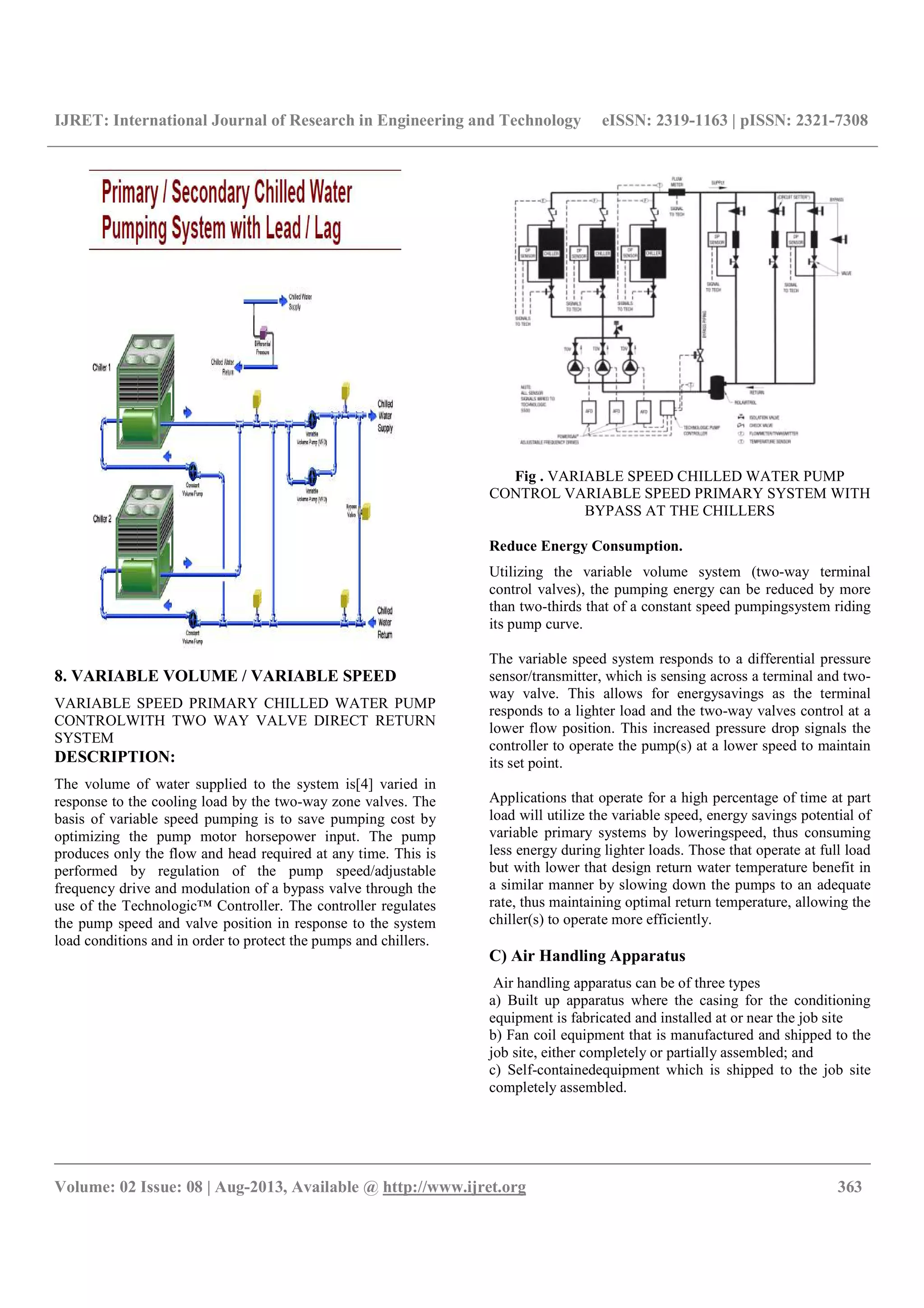 IJRET: International Journal of Research in Engineering and Technology eISSN: 2319-1163 | pISSN: 2321-7308
__________________________________________________________________________________________
Volume: 02 Issue: 08 | Aug-2013, Available @ http://www.ijret.org 363
8. VARIABLE VOLUME / VARIABLE SPEED
VARIABLE SPEED PRIMARY CHILLED WATER PUMP
CONTROLWITH TWO WAY VALVE DIRECT RETURN
SYSTEM
DESCRIPTION:
The volume of water supplied to the system is[4] varied in
response to the cooling load by the two-way zone valves. The
basis of variable speed pumping is to save pumping cost by
optimizing the pump motor horsepower input. The pump
produces only the flow and head required at any time. This is
performed by regulation of the pump speed/adjustable
frequency drive and modulation of a bypass valve through the
use of the Technologic™ Controller. The controller regulates
the pump speed and valve position in response to the system
load conditions and in order to protect the pumps and chillers.
Fig . VARIABLE SPEED CHILLED WATER PUMP
CONTROL VARIABLE SPEED PRIMARY SYSTEM WITH
BYPASS AT THE CHILLERS
Reduce Energy Consumption.
Utilizing the variable volume system (two-way terminal
control valves), the pumping energy can be reduced by more
than two-thirds that of a constant speed pumpingsystem riding
its pump curve.
The variable speed system responds to a differential pressure
sensor/transmitter, which is sensing across a terminal and two-
way valve. This allows for energysavings as the terminal
responds to a lighter load and the two-way valves control at a
lower flow position. This increased pressure drop signals the
controller to operate the pump(s) at a lower speed to maintain
its set point.
Applications that operate for a high percentage of time at part
load will utilize the variable speed, energy savings potential of
variable primary systems by loweringspeed, thus consuming
less energy during lighter loads. Those that operate at full load
but with lower that design return water temperature benefit in
a similar manner by slowing down the pumps to an adequate
rate, thus maintaining optimal return temperature, allowing the
chiller(s) to operate more efficiently.
C) Air Handling Apparatus
Air handling apparatus can be of three types
a) Built up apparatus where the casing for the conditioning
equipment is fabricated and installed at or near the job site
b) Fan coil equipment that is manufactured and shipped to the
job site, either completely or partially assembled; and
c) Self-containedequipment which is shipped to the job site
completely assembled.
 