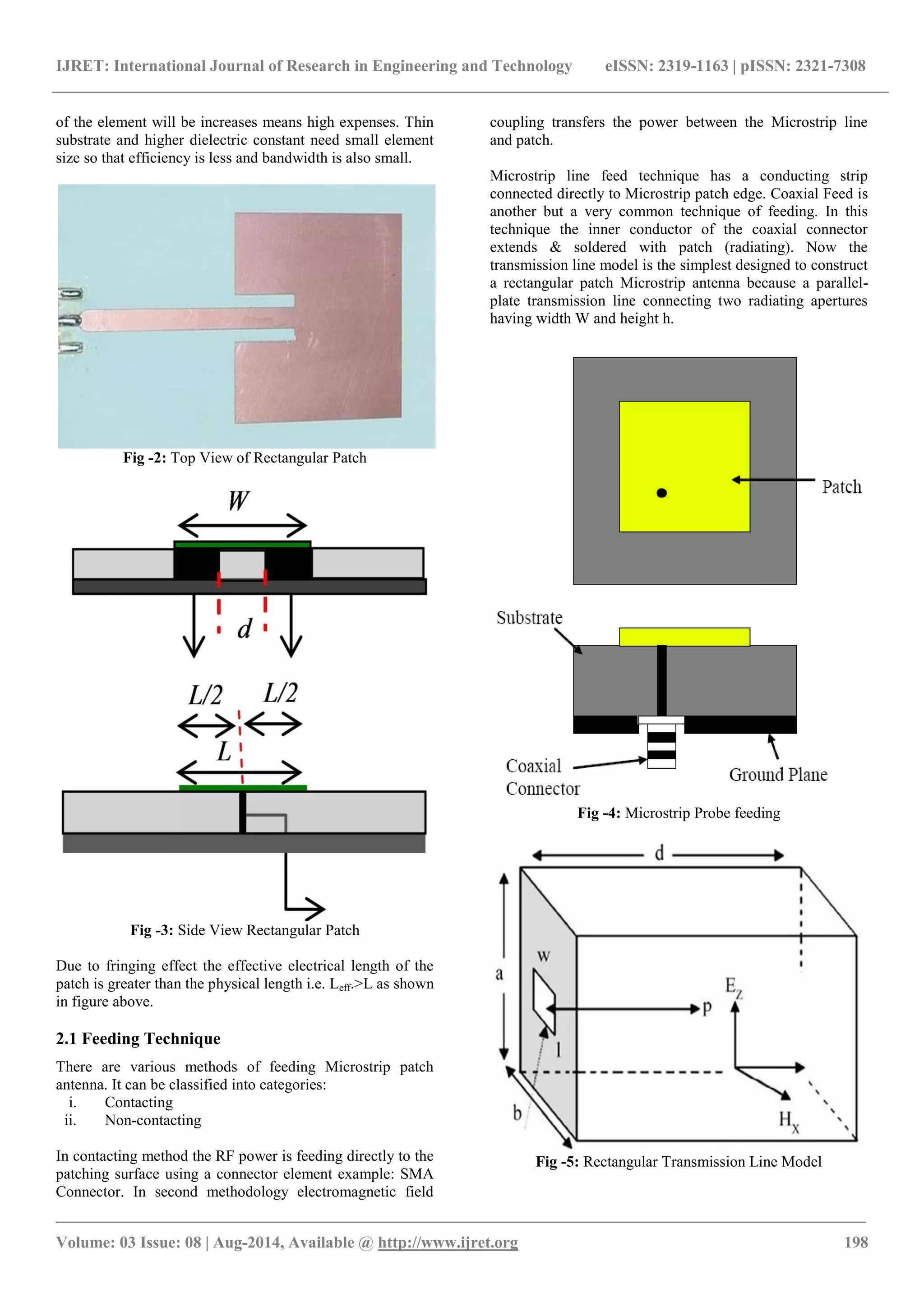 IJRET: International Journal of Research in Engineering and Technology eISSN: 2319-1163 | pISSN: 2321-7308 
_______________________________________________________________________________________ 
Volume: 03 Issue: 08 | Aug-2014, Available @ http://www.ijret.org 198 
of the element will be increases means high expenses. Thin 
substrate and higher dielectric constant need small element 
size so that efficiency is less and bandwidth is also small. 
Fig -2: Top View of Rectangular Patch 
Fig -3: Side View Rectangular Patch 
Due to fringing effect the effective electrical length of the 
patch is greater than the physical length i.e. Leff.>L as shown 
in figure above. 
2.1 Feeding Technique 
There are various methods of feeding Microstrip patch 
antenna. It can be classified into categories: 
i. Contacting 
ii. Non-contacting 
In contacting method the RF power is feeding directly to the 
patching surface using a connector element example: SMA 
Connector. In second methodology electromagnetic field 
coupling transfers the power between the Microstrip line 
and patch. 
Microstrip line feed technique has a conducting strip 
connected directly to Microstrip patch edge. Coaxial Feed is 
another but a very common technique of feeding. In this 
technique the inner conductor of the coaxial connector 
extends & soldered with patch (radiating). Now the 
transmission line model is the simplest designed to construct 
a rectangular patch Microstrip antenna because a parallel-plate 
transmission line connecting two radiating apertures 
having width W and height h. 
Fig -4: Microstrip Probe feeding 
Fig -5: Rectangular Transmission Line Model 
 