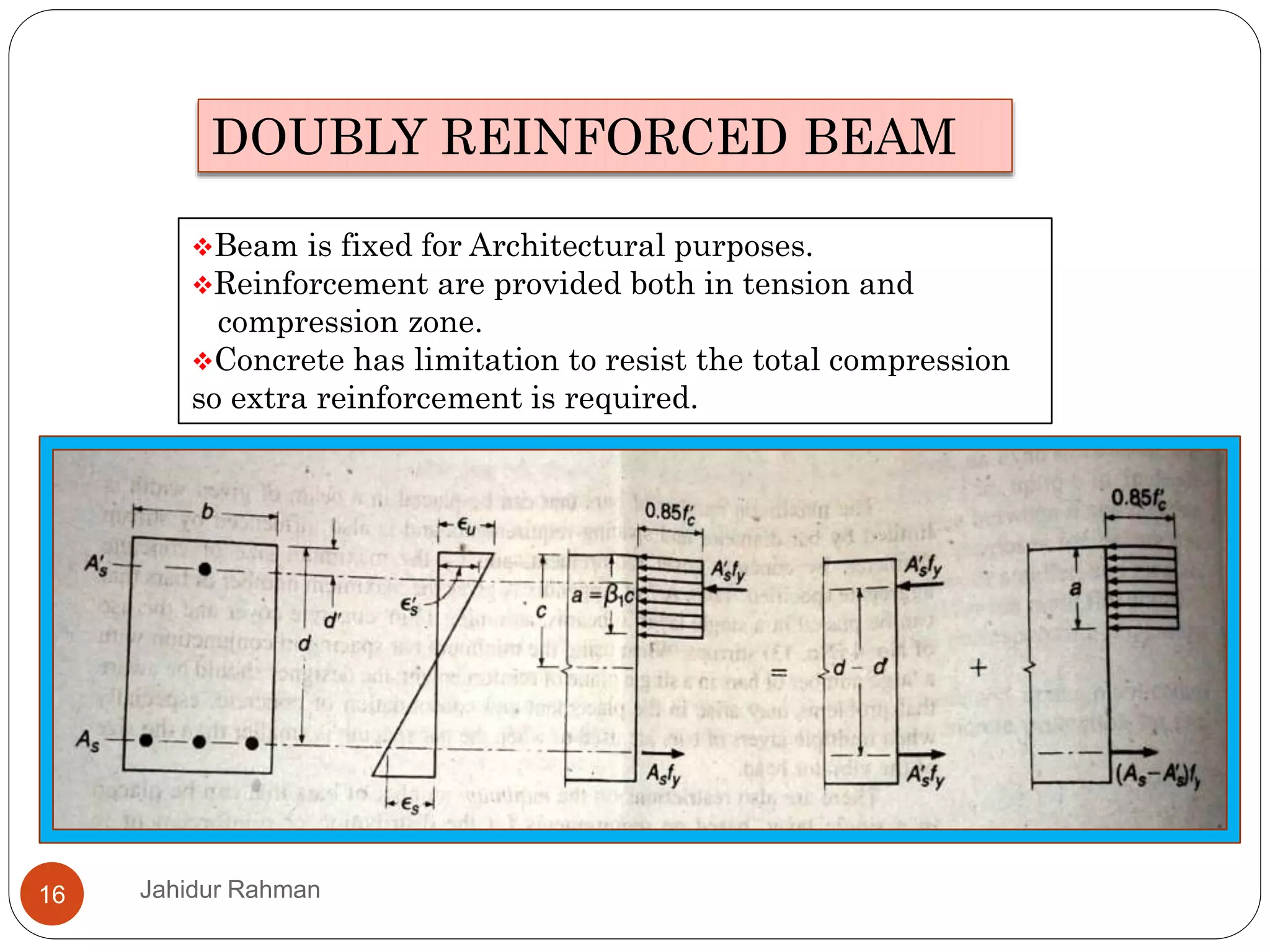 Jahidur Rahman16
DOUBLY REINFORCED BEAM
Beam is fixed for Architectural purposes.
Reinforcement are provided both in tension and
compression zone.
Concrete has limitation to resist the total compression
so extra reinforcement is required.
 