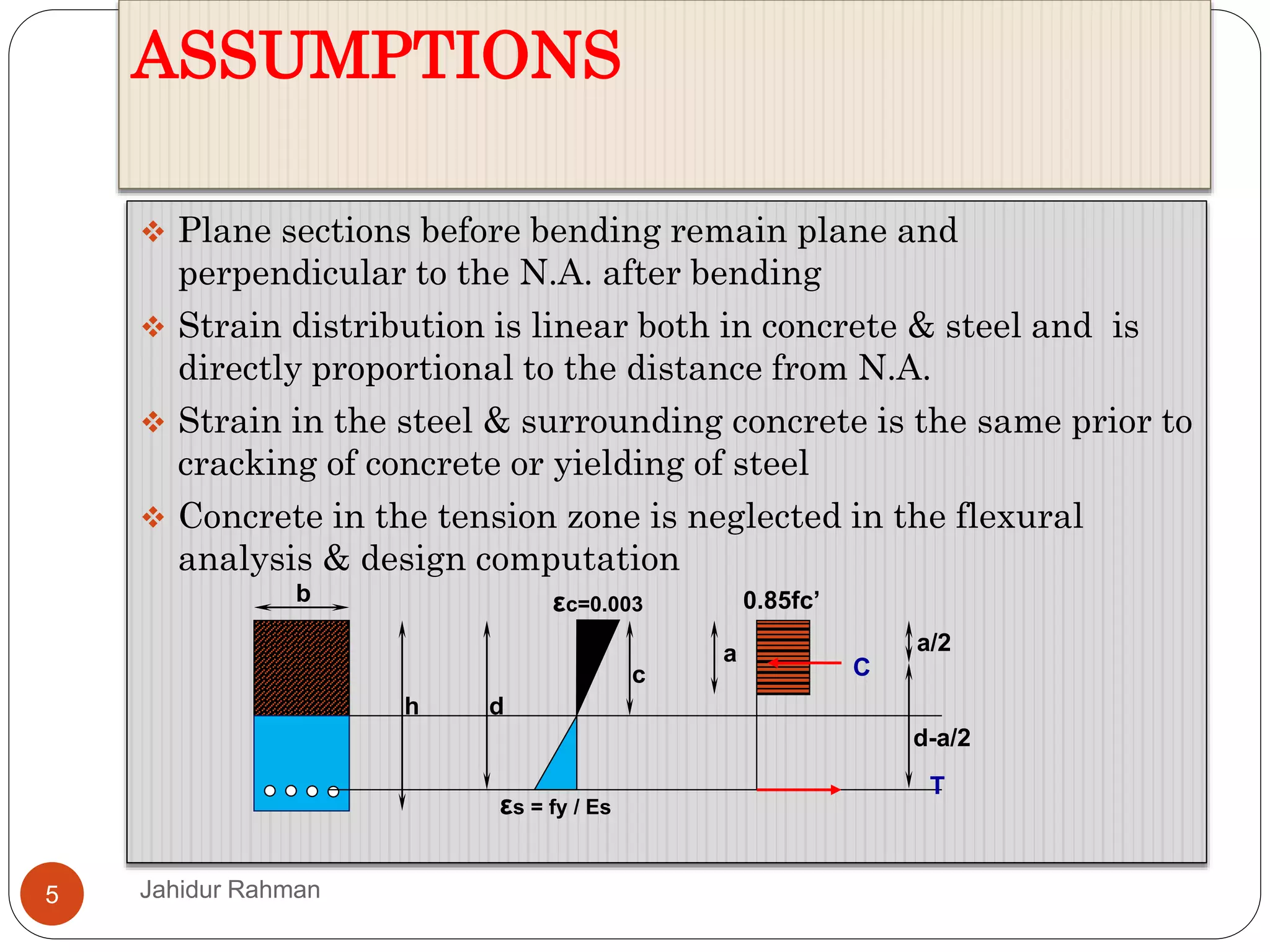 ASSUMPTIONS
5
 Plane sections before bending remain plane and
perpendicular to the N.A. after bending
 Strain distribution is linear both in concrete & steel and is
directly proportional to the distance from N.A.
 Strain in the steel & surrounding concrete is the same prior to
cracking of concrete or yielding of steel
 Concrete in the tension zone is neglected in the flexural
analysis & design computation
εc=0.003
εs = fy / Es
h d
c
0.85fc’
a a/2
d-a/2
b
C
T
Jahidur Rahman
 