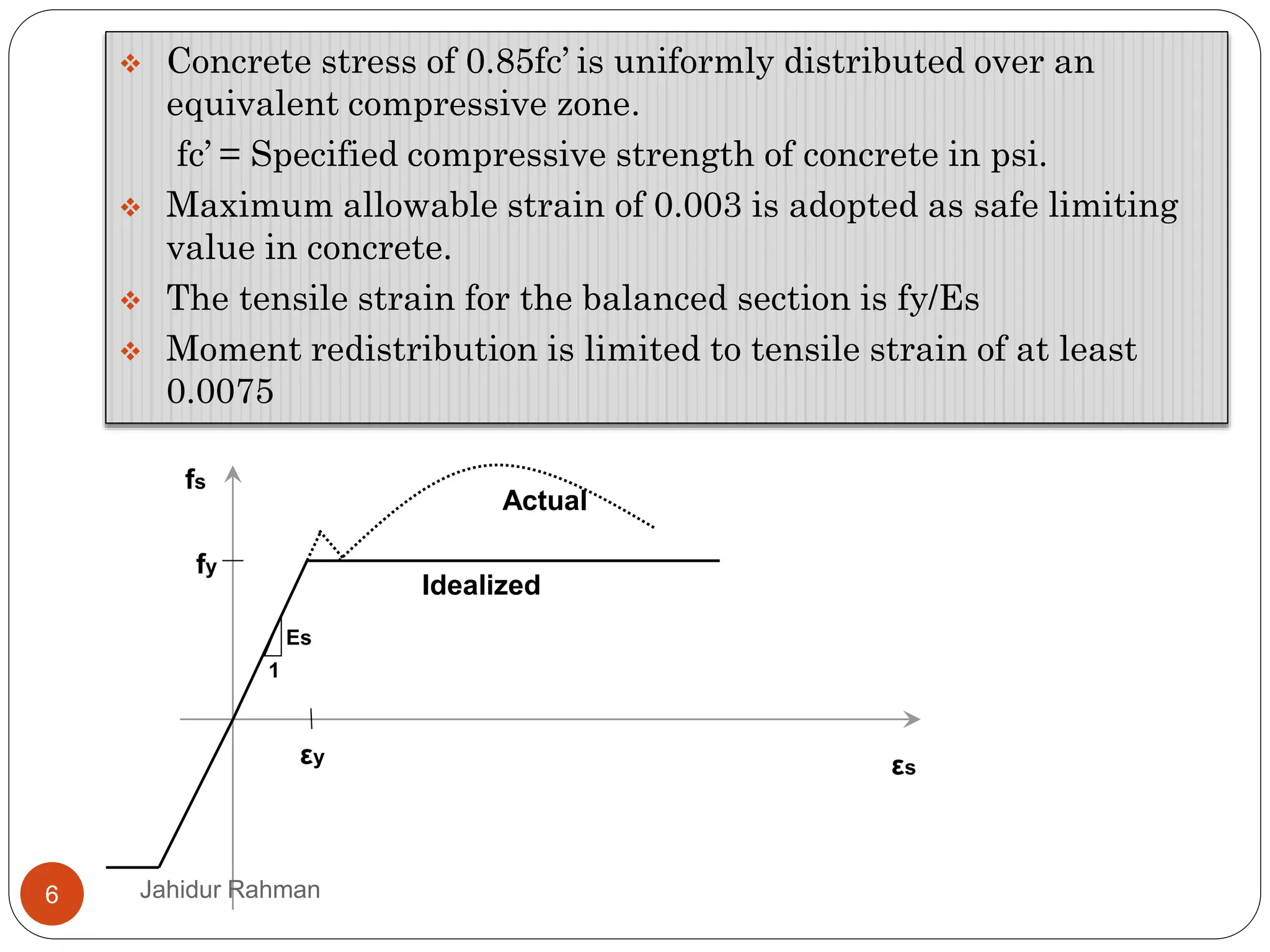 6
 Concrete stress of 0.85fc’ is uniformly distributed over an
equivalent compressive zone.
fc’ = Specified compressive strength of concrete in psi.
 Maximum allowable strain of 0.003 is adopted as safe limiting
value in concrete.
 The tensile strain for the balanced section is fy/Es
 Moment redistribution is limited to tensile strain of at least
0.0075
εs
εy
fy
fs
Idealized
Actual
Es
1
Jahidur Rahman
 