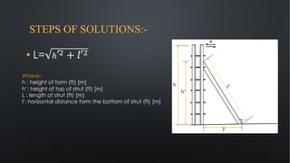 STEPS OF SOLUTIONS:-
• L= ℎ′! + 𝑙′!
L
l’
h’
h
Where:-
h : height of form (ft) [m]
h’: height of top of strut (ft) [m]
L : length of strut (ft) [m]
l’: horizontal distance form the bottom of strut (ft) [m]
 