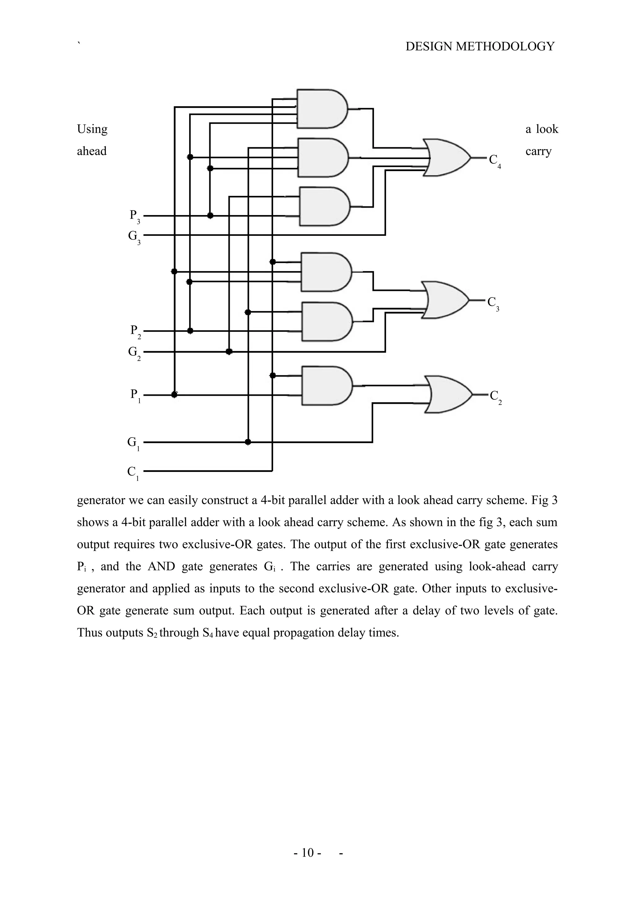 ` DESIGN METHODOLOGY
Using a look
ahead carry
generator we can easily construct a 4-bit parallel adder with a look ahead carry scheme. Fig 3
shows a 4-bit parallel adder with a look ahead carry scheme. As shown in the fig 3, each sum
output requires two exclusive-OR gates. The output of the first exclusive-OR gate generates
Pi , and the AND gate generates Gi . The carries are generated using look-ahead carry
generator and applied as inputs to the second exclusive-OR gate. Other inputs to exclusive-
OR gate generate sum output. Each output is generated after a delay of two levels of gate.
Thus outputs S2 through S4 have equal propagation delay times.
- 10 - -
C4
C3
C2
C1
G1
G2
G3
P1
P2
P3
 