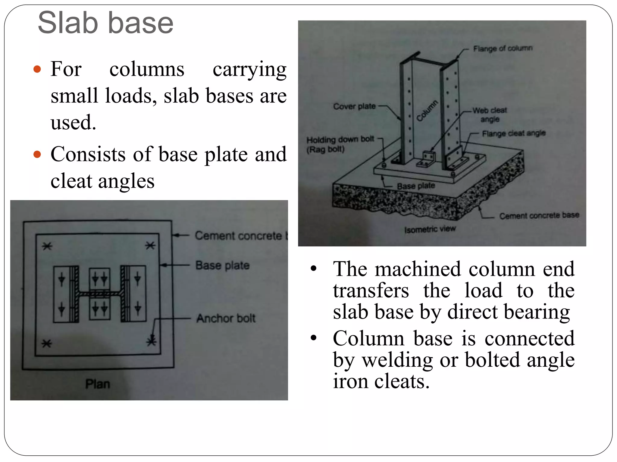 Slab base
 For columns carrying
small loads, slab bases are
used.
 Consists of base plate and
cleat angles
• The machined column end
transfers the load to the
slab base by direct bearing
• Column base is connected
by welding or bolted angle
iron cleats.
 