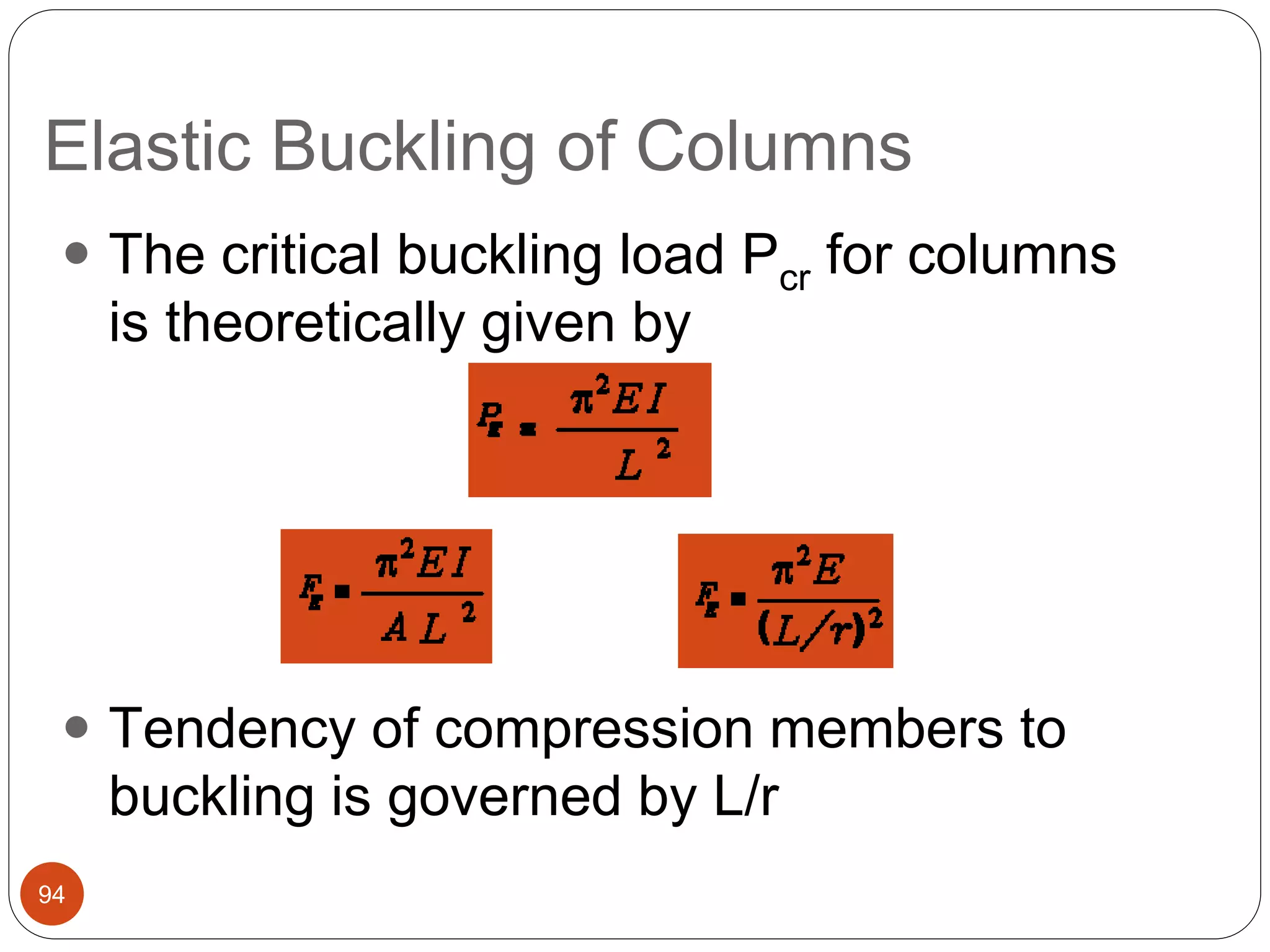 Elastic Buckling of Columns
94
 The critical buckling load Pcr for columns
is theoretically given by
 Tendency of compression members to
buckling is governed by L/r
 