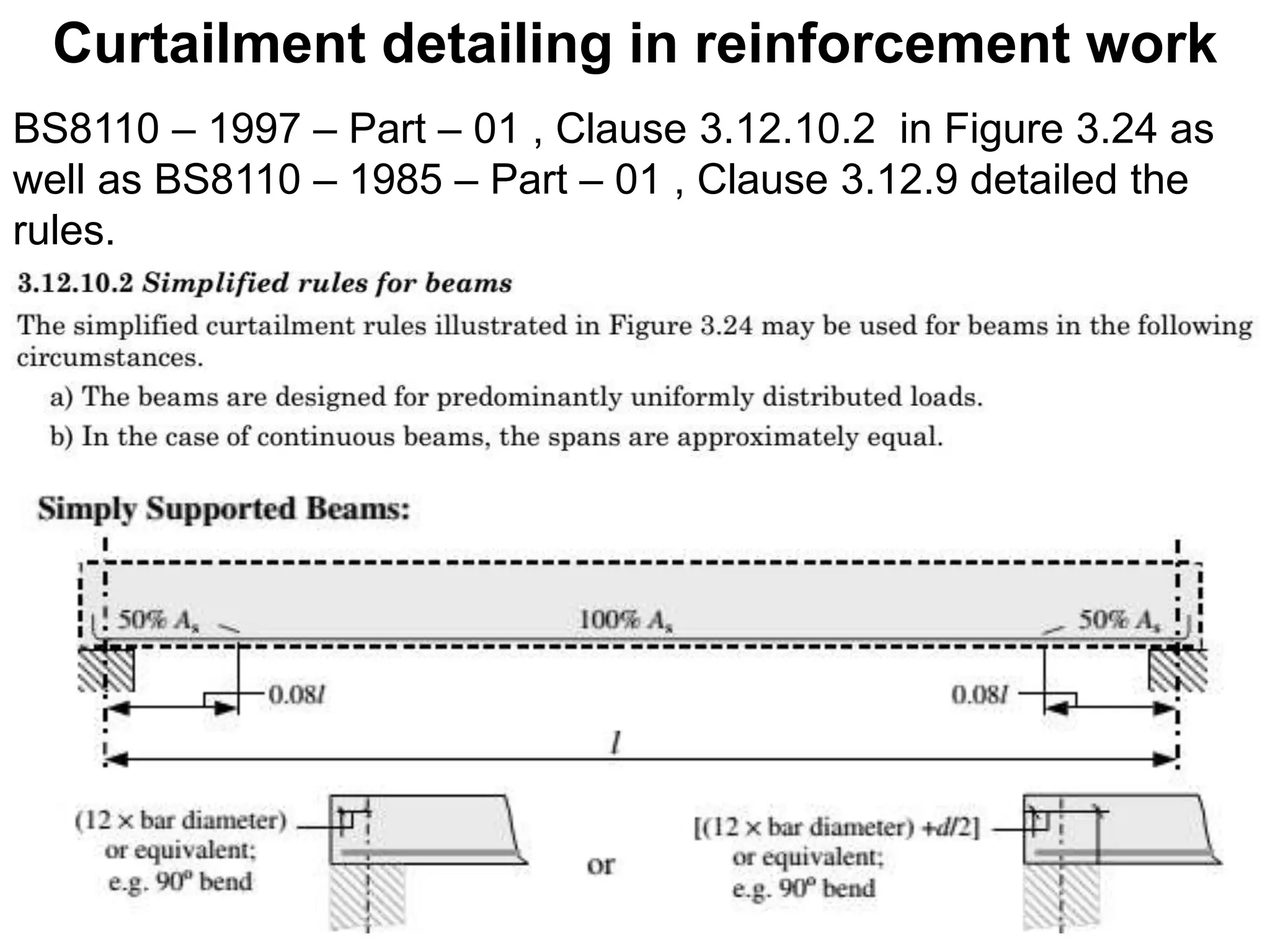 Curtailment detailing in reinforcement work
BS8110 – 1997 – Part – 01 , Clause 3.12.10.2 in Figure 3.24 as
well as BS8110 – 1985 – Part – 01 , Clause 3.12.9 detailed the
rules.
 