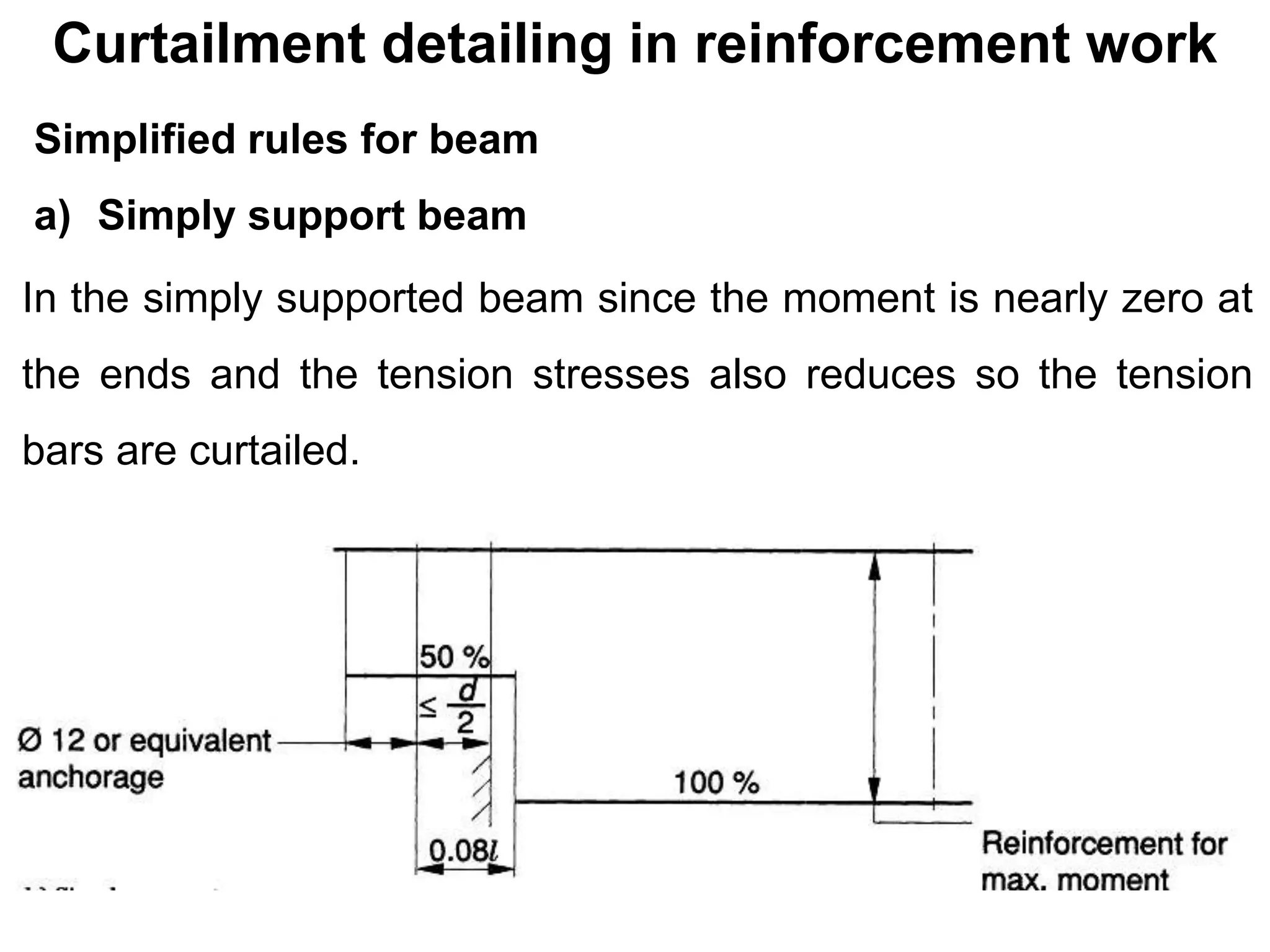 Curtailment detailing in reinforcement work
Simplified rules for beam
a) Simply support beam
In the simply supported beam since the moment is nearly zero at
the ends and the tension stresses also reduces so the tension
bars are curtailed.
 