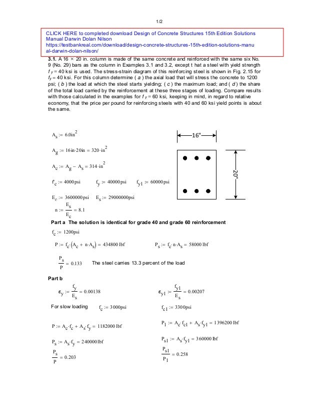 Design Of Concrete Structures 15th Edition Solutions Manual Darwin Do