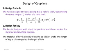 Design of Couplings
1. Design for hub
The hub is designed by considering it as a hollow shaft, transmitting
the same torque (T) as that of a solid shaft.
2. Design for key
The key is designed with usual proportions and then checked for
shearing and crushing stresses.
The material of key is usually the same as that of shaft. The length
of key is taken equal to the length of hub
16
3/17/2021 Vijay Kumar Karma, IET, DAVV, Indore 21
16 D
c

 D4
 =   D3
(1−k4
)

− d4
 
T = c 

 