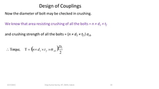 Design of Couplings
Now the diameter of bolt may be checked in crushing.
We know that area resisting crushing of all the bolts = n × d1 × tf
and crushing strength of all the bolts = (n × d1 × tf ) σcb
T = (n d
2
3/17/2021 Vijay Kumar Karma, IET, DAVV, Indore 24
)D1
Torque, 1 cb
f
t 
 
