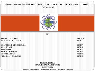 DESIGN STUDY OF ENERGY EFFICIENT DISTILLATION COLUMN THROUGH
HYSYS ® 3.2
BY
STUDENT’S NAME ROLL NO
MUHAMMAD ASIF (G.L) 08CH11
SHAFEEQUE AHMED (A.G.L) 08CH79
SHAHID ALI 08CH54
JAI KUMAR 08CH24
ABDUL GHAFFAR 08CH41
SHUAIB ABBASI 08CH27
IBRAR ALI KHOKHAR 08CH56
SUPERVISED BY
ENGR. IMRAN NAZIR UNAR
LECTURER
Chemical Engineering Department Mehran University Jamshoro
 