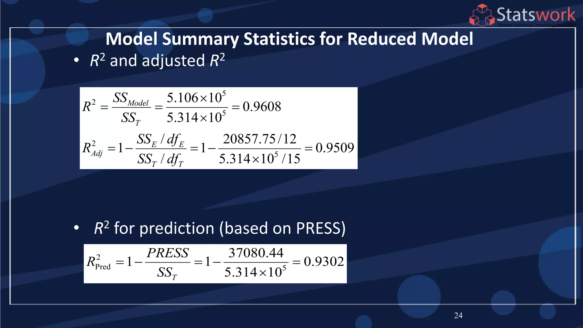 • R2 and adjusted R2
• R2 for prediction (based on PRESS)
24
Model Summary Statistics for Reduced Model
5
2
5
2
5
5.106 10
0.9608
5.314 10
/ 20857.75/12
1 1 0.9509
/ 5.314 10 /15
Model
T
E E
Adj
T T
SS
R
SS
SS df
R
SS df

  

    

2
Pred 5
37080.44
1 1 0.9302
5.314 10T
PRESS
R
SS
    

 