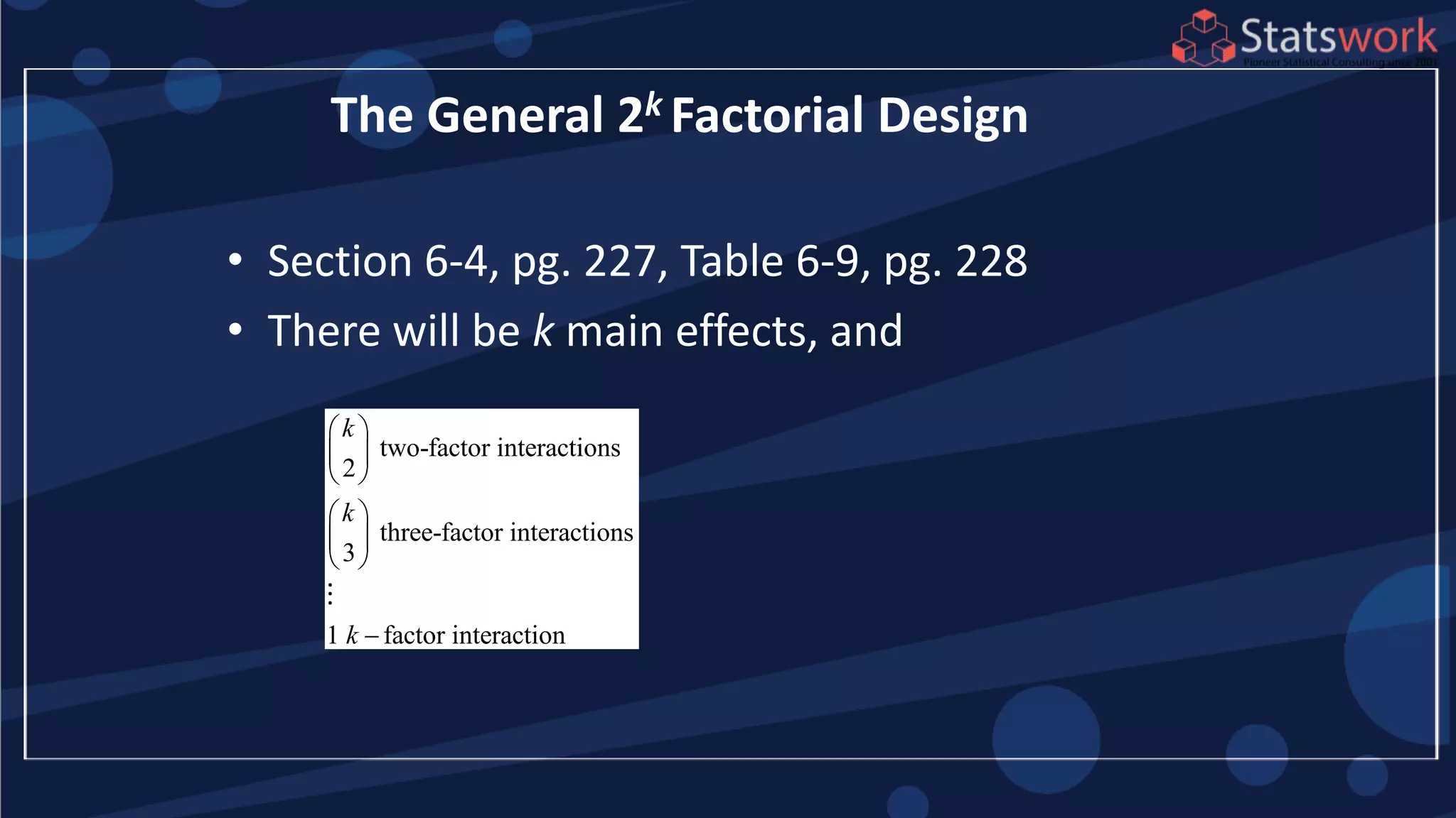 • Section 6-4, pg. 227, Table 6-9, pg. 228
• There will be k main effects, and
The General 2k Factorial Design
two-factor interactions
2
three-factor interactions
3
1 factor interaction
k
k
k
 
 
 
 
 
 

 