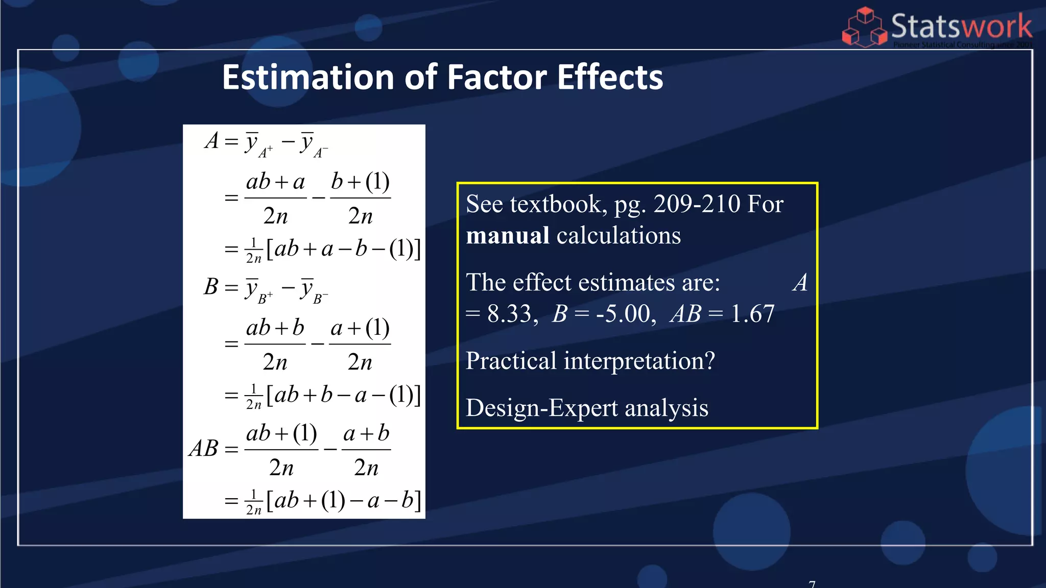 Estimation of Factor Effects
1
2
1
2
1
2
(1)
2 2
[ (1)]
(1)
2 2
[ (1)]
(1)
2 2
[ (1) ]
A A
n
B B
n
n
A y y
ab a b
n n
ab a b
B y y
ab b a
n n
ab b a
ab a b
AB
n n
ab a b
 
 
 
 
 
   
 
 
 
   
 
 
   
See textbook, pg. 209-210 For
manual calculations
The effect estimates are: A
= 8.33, B = -5.00, AB = 1.67
Practical interpretation?
Design-Expert analysis
 