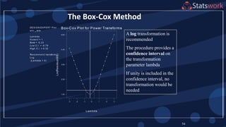 54
The Box-Cox Method
A log transformation is
recommended
The procedure provides a
confidence interval on
the transformation
parameter lambda
If unity is included in the
confidence interval, no
transformation would be
needed
 