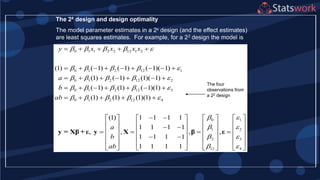 The 2k design and design optimality
The model parameter estimates in a 2k design (and the effect estimates)
are least squares estimates. For example, for a 22 design the model is
0 1 1 2 2 12 1 2
0 1 2 12 1
0 1 2 12 2
0 1 2 12 3
0 1 2 12 4
(1) ( 1) ( 1) ( 1)( 1)
(1) ( 1) (1)( 1)
( 1) (1) ( 1)(1)
(1) (1) (1)(1)
(1) 1 1 1 1
1 1 1 1
, ,
1 1 1
y x x x x
a
b
ab
a
b
ab
    
    
    
    
    
    
        
      
      
    
  
     
   
 
 
y = Xβ + ε y X
0 1
1 2
2 3
12 4
, ,
1
1 1 1 1
 
 
 
 
    
    
      
    
    
     
β ε
The four
observations from
a 22 design
 