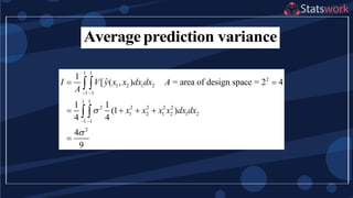 Averageprediction variance
1 1
2
1 2 1 2
1 1
1 1
2 2 2 2 2
1 2 1 2 1 2
1 1
2
1
ˆ[ ( , ) = area of design space = 2 4
1 1
(1 )
4 4
4
9
I V y x x dx dx A
A
x x x x dx dx

 
 
 
   

 
 
 