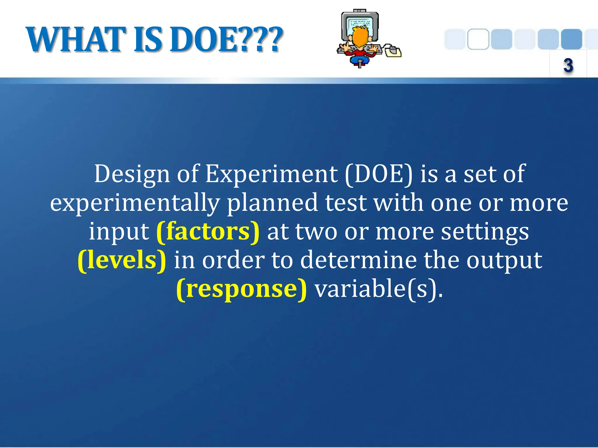 Design of Experiment (DOE) is a set of
experimentally planned test with one or more
input (factors) at two or more settings
(levels) in order to determine the output
(response) variable(s).
WHAT IS DOE???
3
 