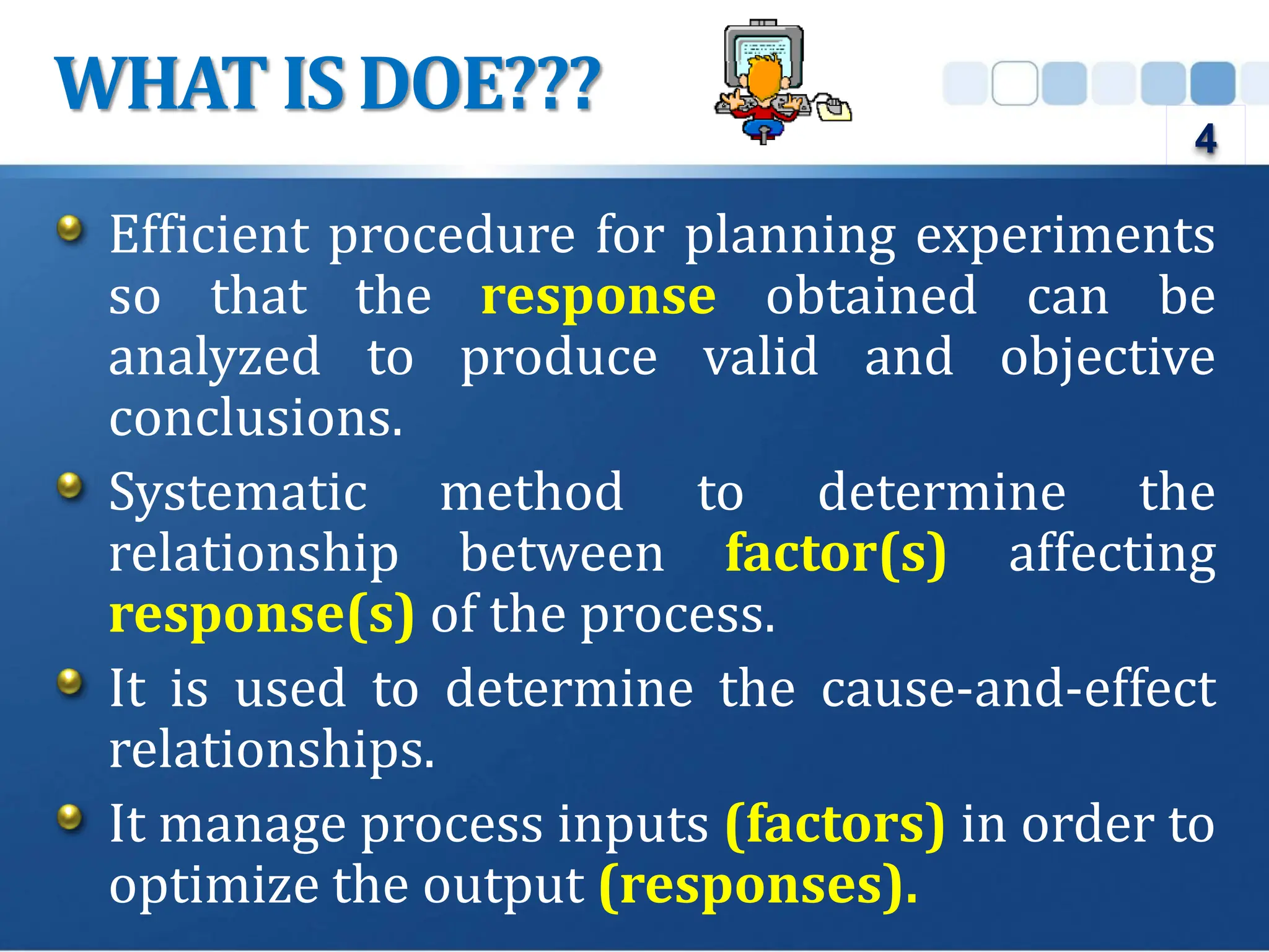 Efficient procedure for planning experiments
so that the response obtained can be
analyzed to produce valid and objective
conclusions.
Systematic method to determine the
relationship between factor(s) affecting
response(s) of the process.
It is used to determine the cause-and-effect
relationships.
It manage process inputs (factors) in order to
optimize the output (responses).
WHAT IS DOE???
4
 