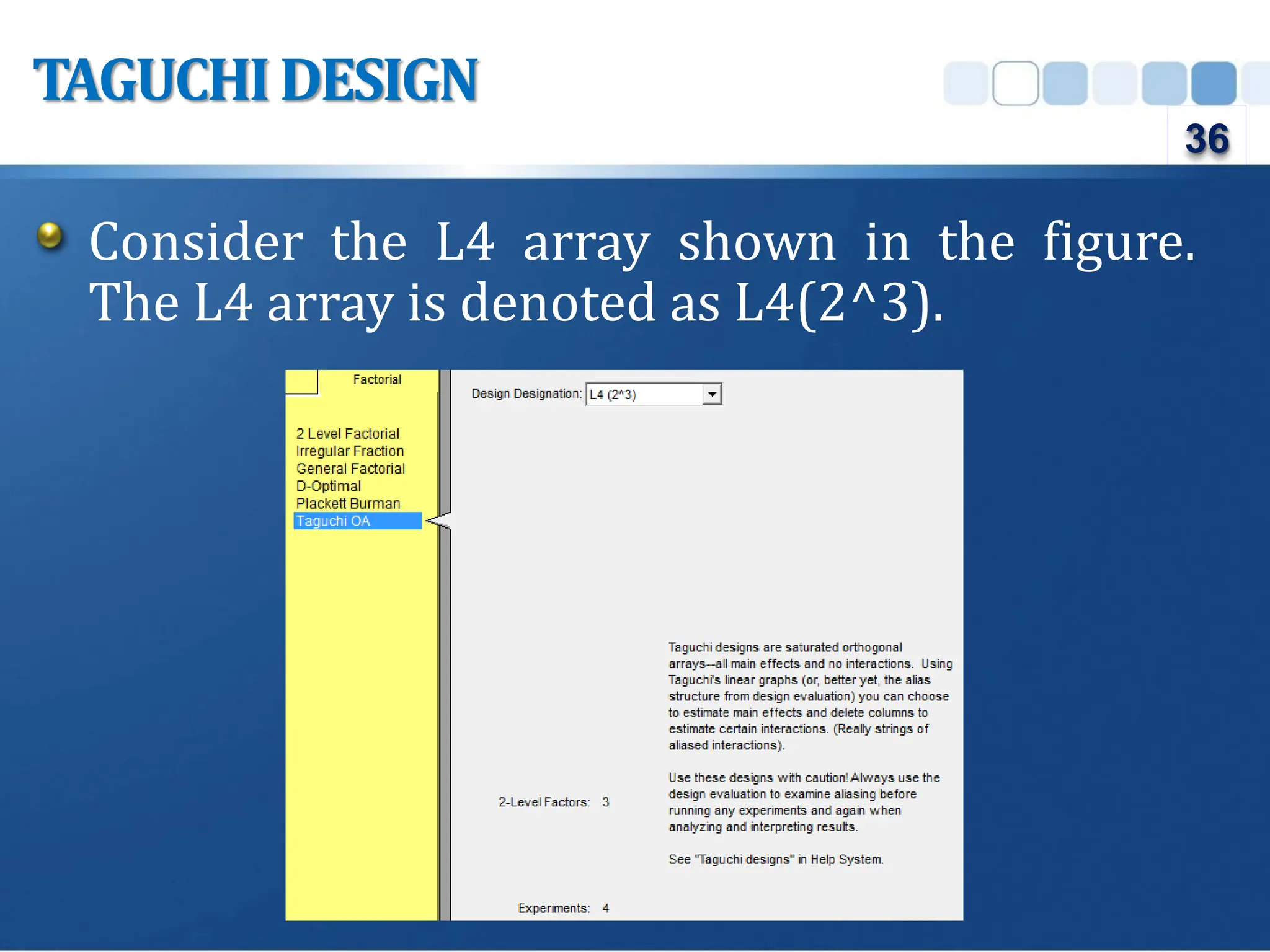 Consider the L4 array shown in the figure.
The L4 array is denoted as L4(2^3).
TAGUCHIDESIGN
36
 