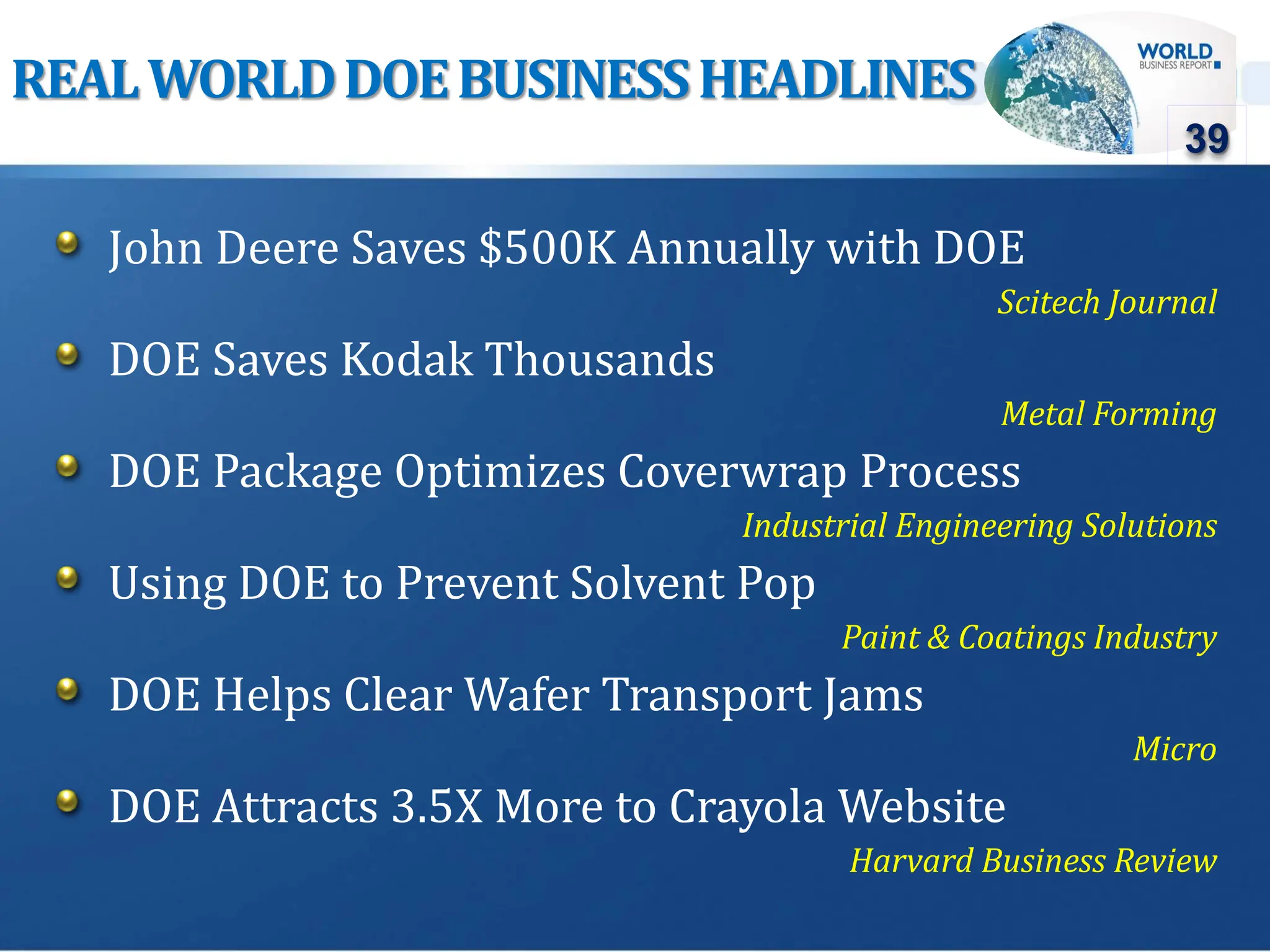 REALWORLDDOEBUSINESSHEADLINES
John Deere Saves $500K Annually with DOE
Scitech Journal
DOE Saves Kodak Thousands
Metal Forming
DOE Package Optimizes Coverwrap Process
Industrial Engineering Solutions
Using DOE to Prevent Solvent Pop
Paint & Coatings Industry
DOE Helps Clear Wafer Transport Jams
Micro
DOE Attracts 3.5X More to Crayola Website
Harvard Business Review
39
 
