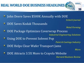 REALWORLDDOEBUSINESSHEADLINES
John Deere Saves $500K Annually with DOE
Scitech Journal
DOE Saves Kodak Thousands
Metal Forming
DOE Package Optimizes Coverwrap Process
Industrial Engineering Solutions
Using DOE to Prevent Solvent Pop
Paint & Coatings Industry
DOE Helps Clear Wafer Transport Jams
Micro
DOE Attracts 3.5X More to Crayola Website
Harvard Business Review
39
 