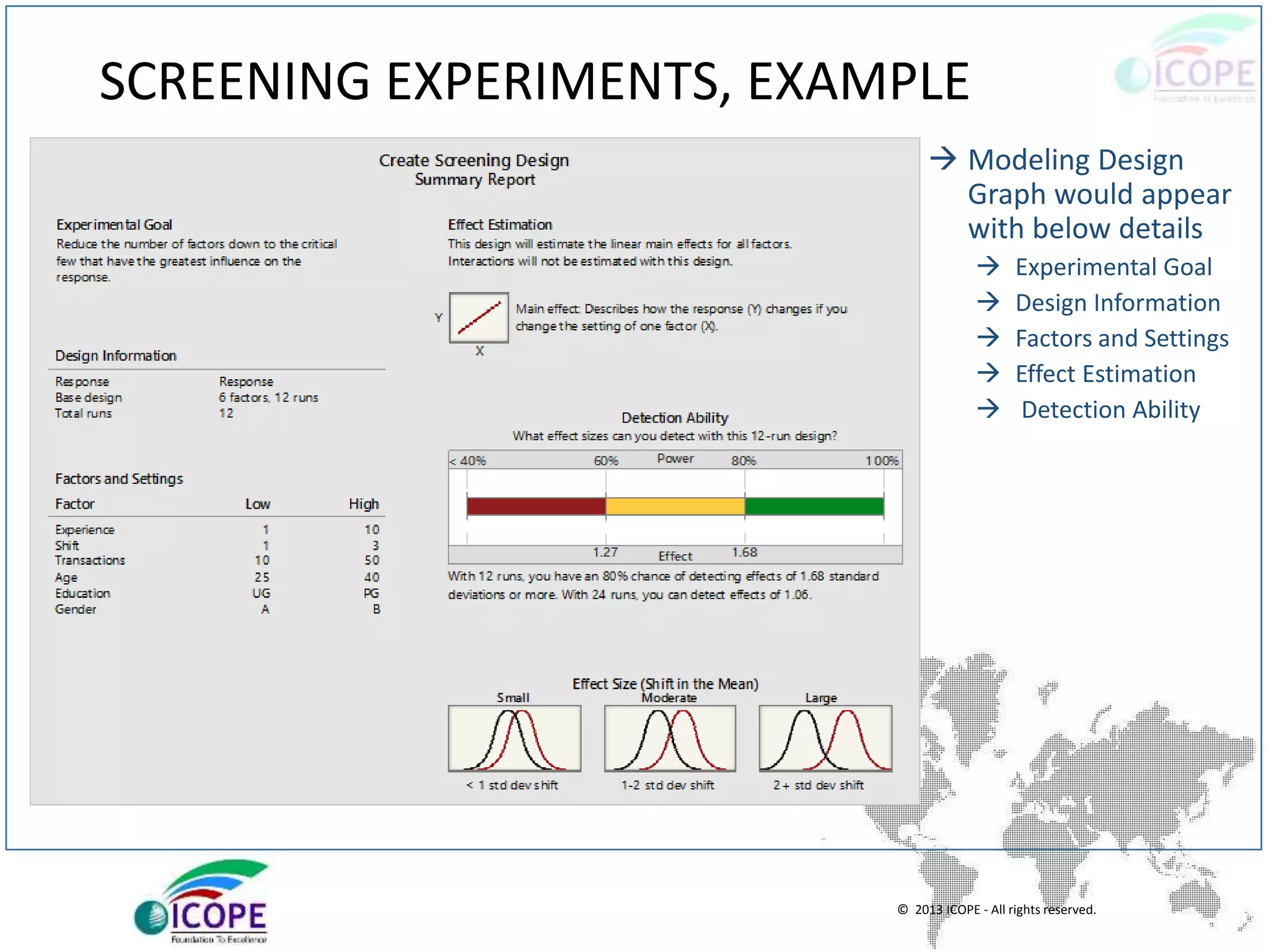 © 2013 ICOPE - All rights reserved.
SCREENING EXPERIMENTS, EXAMPLE
 Modeling Design
Graph would appear
with below details
 Experimental Goal
 Design Information
 Factors and Settings
 Effect Estimation
 Detection Ability
 