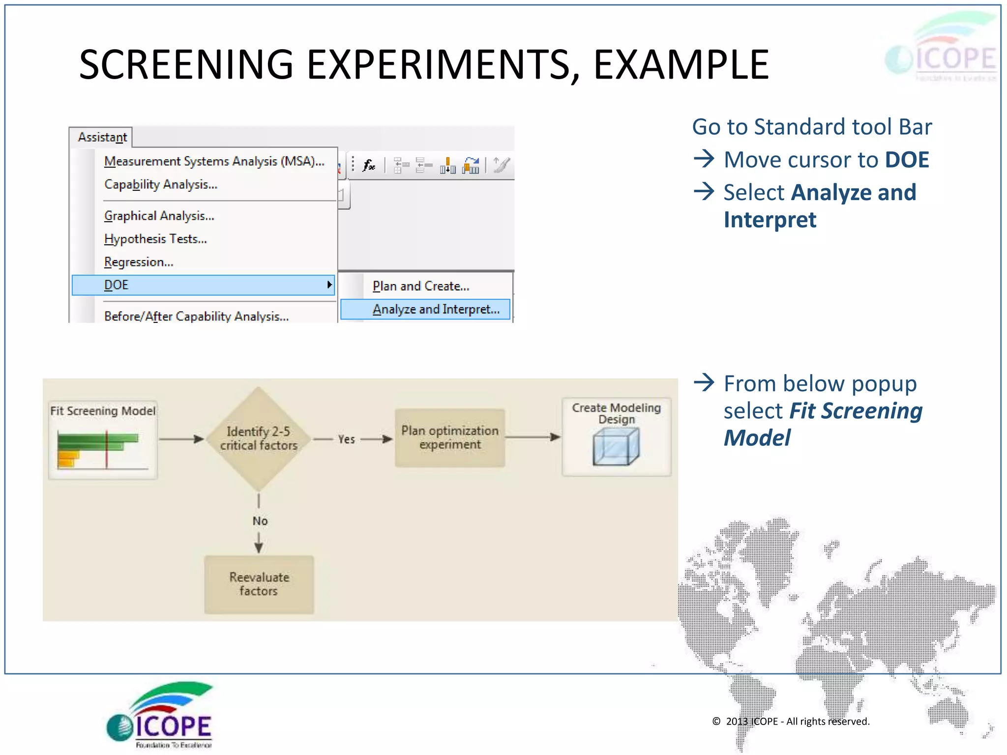 © 2013 ICOPE - All rights reserved.
SCREENING EXPERIMENTS, EXAMPLE
Go to Standard tool Bar
 Move cursor to DOE
 Select Analyze and
Interpret
 From below popup
select Fit Screening
Model
 