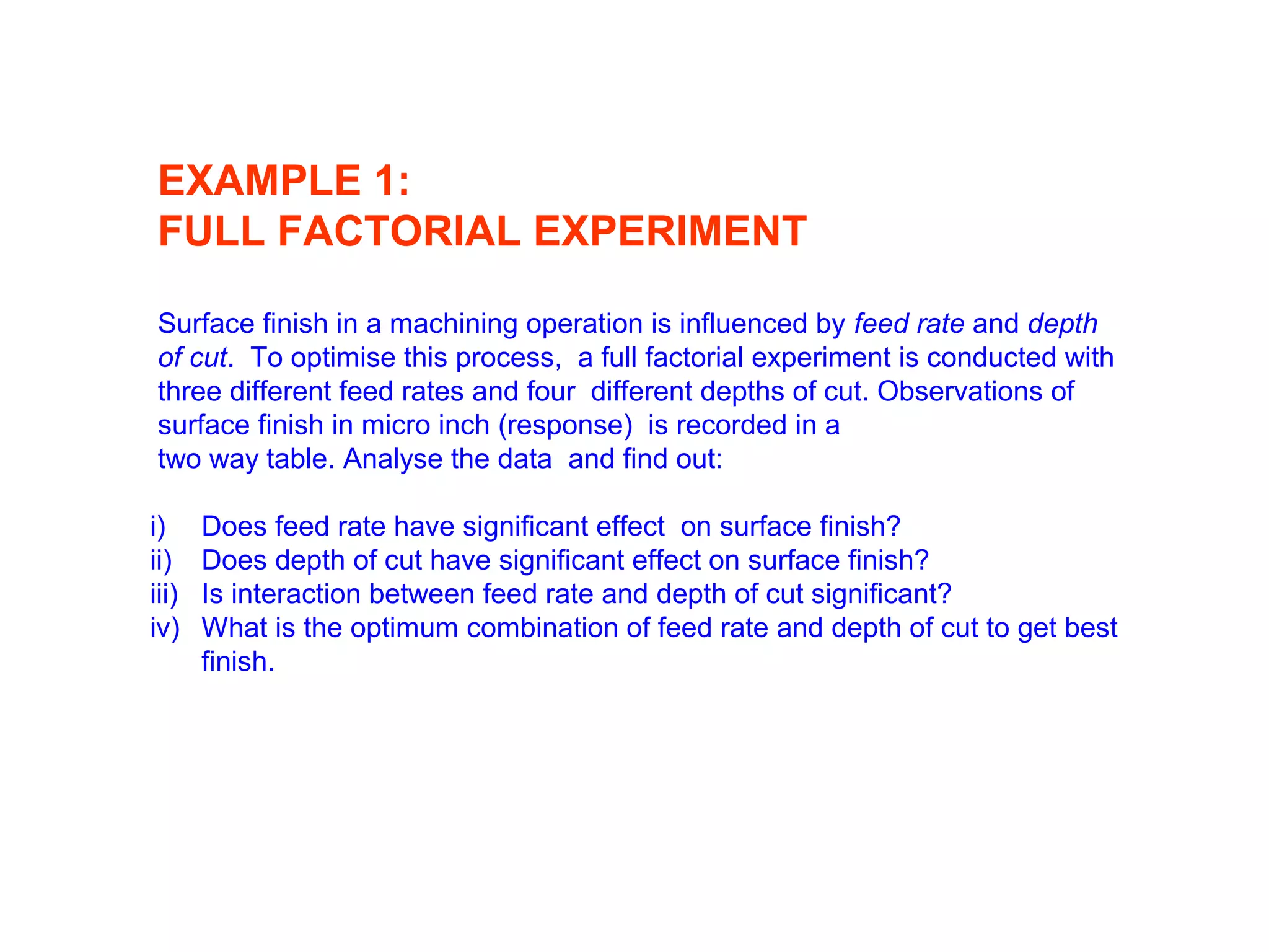 EXAMPLE 1:
FULL FACTORIAL EXPERIMENT
Surface finish in a machining operation is influenced by feed rate and depth
of cut. To optimise this process, a full factorial experiment is conducted with
three different feed rates and four different depths of cut. Observations of
surface finish in micro inch (response) is recorded in a
two way table. Analyse the data and find out:
i) Does feed rate have significant effect on surface finish?
ii) Does depth of cut have significant effect on surface finish?
iii) Is interaction between feed rate and depth of cut significant?
iv) What is the optimum combination of feed rate and depth of cut to get best
finish.
 