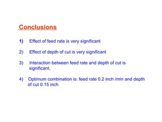 Conclusions
1) Effect of feed rate is very significant
2) Effect of depth of cut is very significant
3) Interaction between feed rate and depth of cut is
significant.
4) Optimum combination is: feed rate 0.2 inch /min and depth
of cut 0.15 inch
 