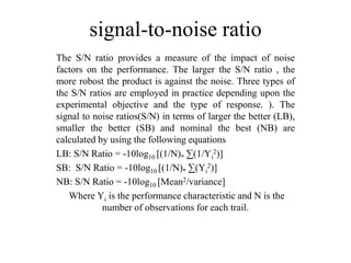 signal-to-noise ratio
The S/N ratio provides a measure of the impact of noise
factors on the performance. The larger the S/N ratio , the
more robost the product is against the noise. Three types of
the S/N ratios are employed in practice depending upon the
experimental objective and the type of response. ). The
signal to noise ratios(S/N) in terms of larger the better (LB),
smaller the better (SB) and nominal the best (NB) are
calculated by using the following equations
LB: S/N Ratio = -10log10 [(1/N)* ∑(1/Yi
2)]
SB: S/N Ratio = -10log10 [(1/N)* ∑(Yi
2)]
NB: S/N Ratio = -10log10 [Mean2/variance]
Where Yi is the performance characteristic and N is the
number of observations for each trail.
 