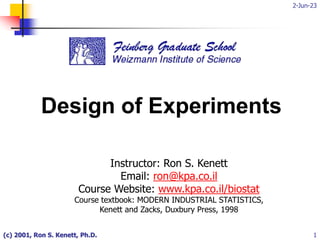 2-Jun-23
(c) 2001, Ron S. Kenett, Ph.D. 1
Design of Experiments
Instructor: Ron S. Kenett
Email: ron@kpa.co.il
Course Website: www.kpa.co.il/biostat
Course textbook: MODERN INDUSTRIAL STATISTICS,
Kenett and Zacks, Duxbury Press, 1998
 