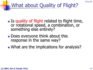 2-Jun-23
(c) 2001, Ron S. Kenett, Ph.D. 19
What about Quality of Flight?
 Is quality of flight related to flight time,
or rotational speed, a combination, or
something else entirely?
 Does everyone think about this
response in the same way?
 What are the implications for analysis?
 