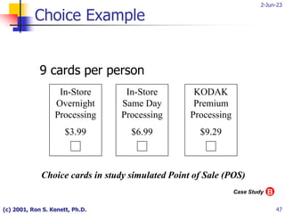 2-Jun-23
(c) 2001, Ron S. Kenett, Ph.D. 47
Choice Example
9 cards per person
In-Store
Overnight
Processing
$3.99
In-Store
Same Day
Processing
$6.99
KODAK
Premium
Processing
$9.29
Choice cards in study simulated Point of Sale (POS)
B
Case Study
 
