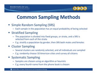 Common Sampling Methods
 Simple Random Sampling (SRS)
– Each sample in the population has an equal probability of being selected
 Stratified Sampling Stratified Sampling
– The population is divided into fixed groups, or strata, and a SRS is 
selected from each of the strata
E g stratify a population by gender then SRS both males and females– E.g. stratify a population by gender, then SRS both males and females
 Cluster Sampling
– Several clusters are randomly selected, and all individuals are sampled
– E.g. randomly choose 10 American cities and survey all citizens
 Systematic Sampling
Samples are chosen using an algorithm or heuristic– Samples are chosen using an algorithm or heuristic
– E.g. every fourth name from the phone book is chosen
 