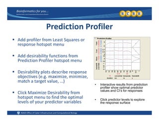 Prediction Profiler
 Add profiler from Least Squares or 
response hotspot menu
 Add desirability functions from 
Prediction Profiler hotspot menu
 Desirability plots describe response 
objectives (e.g. maximize, minimize, 
match a target value, …)
Interactive results from prediction
 Click Maximize Desirability from 
hotspot menu to find the optimal 
• Interactive results from prediction
profiler show optimal predictor
values and CI’s for responses
• Click predictor levels to explore
p p
levels of your predictor variables 
• Click predictor levels to explore
the response surface
 