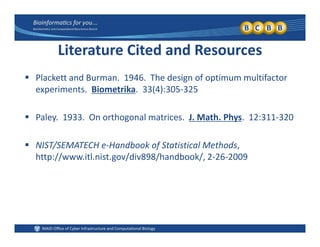 Lit t Cit d d RLiterature Cited and Resources
 Plackett and Burman 1946 The design of optimum multifactor Plackett and Burman.  1946.  The design of optimum multifactor 
experiments.  Biometrika.  33(4):305‐325
 Paley.  1933.  On orthogonal matrices.  J. Math. Phys.  12:311‐320
 NIST/SEMATECH e‐Handbook of Statistical Methods, 
http://www.itl.nist.gov/div898/handbook/, 2‐26‐2009
 
