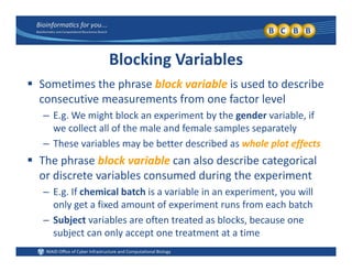 Blocking Variables
 Sometimes the phrase block variable is used to describe Sometimes the phrase block variable is used to describe 
consecutive measurements from one factor level
– E.g. We might block an experiment by the gender variable, if g g p y g ,
we collect all of the male and female samples separately
– These variables may be better described as whole plot effects
 The phrase block variable can also describe categorical 
or discrete variables consumed during the experiment
– E.g. If chemical batch is a variable in an experiment, you will 
only get a fixed amount of experiment runs from each batch
– Subject variables are often treated as blocks because oneSubject variables are often treated as blocks, because one 
subject can only accept one treatment at a time
 
