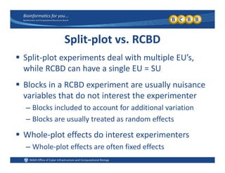 Split‐plot vs. RCBD
 Split‐plot experiments deal with multiple EU’s, 
while RCBD can have a single EU = SU
 Blocks in a RCBD experiment are usually nuisance 
variables that do not interest the experimentervariables that do not interest the experimenter
– Blocks included to account for additional variation
– Blocks are usually treated as random effects– Blocks are usually treated as random effects
 Whole‐plot effects do interest experimenters
– Whole‐plot effects are often fixed effects
 