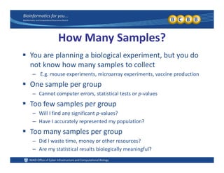 How Many Samples?
 Y l i bi l i l i t b t d You are planning a biological experiment, but you do 
not know how many samples to collect
– E.g. mouse experiments, microarray experiments, vaccine productionE.g. mouse experiments, microarray experiments, vaccine production 
 One sample per group
– Cannot computer errors, statistical tests or p‐values
 Too few samples per group
– Will I find any significant p‐values?
– Have I accurately represented my population?
 Too many samples per group
– Did I waste time money or other resources?– Did I waste time, money or other resources?
– Are my statistical results biologically meaningful?
 