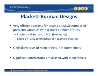 Plackett‐Burman Designs
 Very efficient designs for testing a LARGE number of 
predictor variables with a small number of runs
– Plackett and Burman.  1946.  (Biometrika)
– Based on Paley construction of Hadamard matrices
 Only allow tests of main effects, not interactions
 Significant interactions are aliased with main effects
 