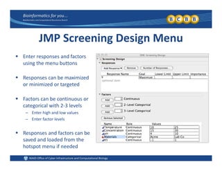 JMP Screening Design Menu
 Enter responses and factors 
using the menu buttons
 Responses can be maximized 
or minimized or targeted
 Factors can be continuous or 
categorical with 2‐3 levels
– Enter high and low values
E f l l– Enter factor levels
 Responses and factors can be 
saved and loaded from thesaved and loaded from the 
hotspot menu if needed
 