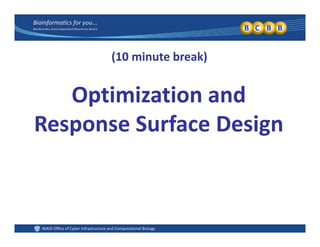 (10 minute break)
Optimization and 
Response Surface Design
 