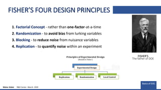 FISHER’S FOUR DESIGN PRINCIPLES
1. Factorial Concept - rather than one-factor-at-a-time
2. Randomization - to avoid bias from lurking variables
3. Blocking - to reduce noise from nuisance variables
4. Replication - to quantify noise within an experiment
Basics of DOE.
FISHER’S
The father of DOE
Maher Alabsi R&D Center –March- 2020
 
