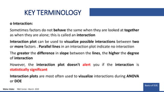 KEY TERMINOLOGY
o Interaction:
Sometimes factors do not behave the same when they are looked at together
as when they are alone; this is called an interaction
Interaction plot can be used to visualize possible interactions between two
or more factors . Parallel lines in an interaction plot indicate no interaction
The greater the difference in slope between the lines, the higher the degree
of interaction
However, the interaction plot doesn't alert you if the interaction is
statistically significant
Interaction plots are most often used to visualize interactions during ANOVA
or DOE
Basics of DOE.
Maher Alabsi R&D Center –March- 2020
 
