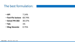 The best formulation:
• API 7.14%
• Fast-Flo lactose 60.74%
• Avicel PH-302 30.37%
• Talc 1%
• Mag Stearate 0.75%
Maher Alabsi R&D Center –March- 2020
 