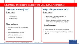 On Factor at time (OFAT)
• Widely taught.
• Straightforward.
Design of Experiments (DOE)
Design of Experiments By Mark Anderson -SEPTEMBER © 1997 American Institute of Physics
Advantages
Advantages and disadvantages of the OFAT & DOE Approaches
Advantages
• Systematic: Thorough coverage of
experimental “space”.
• Efficient: Able to establish solution with
minimal resource (Time, Cost, Scope).
Disadvantages
• Limited coverage of the experimental
space.
• May miss the optimal solution.
• Fails to identify interaction.
• Inefficient use of resource.
• Minimum entry of Calculation 10 experiments.
• You may have to run experiments that you anticipate
will “fail”
Disadvantages
Basics of DOE.
Basics of DOE.
 