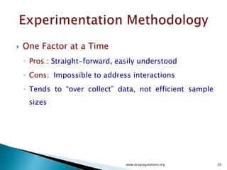 ◦ Case Study Example :
◦ Effect of Mixing Time (A) on Blend Uniformity :
 Keep level of other factors B & C : Concentration of Magnesium
Stearate and Talc constant and vary the Factor A : Mixing time
◦ Effect of Talc Concentration on Blend Uniformity
 Keep Magnesium Stearate concentration and the mixing time
constant and change the concentration of Talc
◦ Effect of Magnesium Concentration on Blend Uniformity
 Keep Talc concentration constant mixing time constant and vary
the concentration of Magnesium Stearate.
www.drugragulations.org 20
 