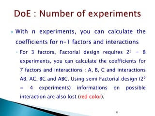  Nuisance Factors, Types ⇒ Cures
◦ Known and controllable ⇒ Use blocking to
systematically eliminate the effect
◦ Known but uncontrollable ⇒ If it can be measured,
use Analysis of Covariance (ANCOVA)
◦ Unknown and uncontrollable ⇒ Randomization is the
insurance
www.drugragulations.org 33
 