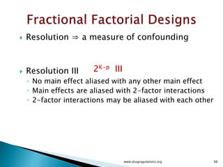 98
Trial A B C
1 Lo Lo Lo
2 Lo Lo Hi
3 Lo Hi Lo
4 Lo Hi Hi
5 Hi Lo Lo
6 Hi Lo Hi
7 Hi Hi Lo
8 Hi Hi Hi
www.drugragulations.org
 